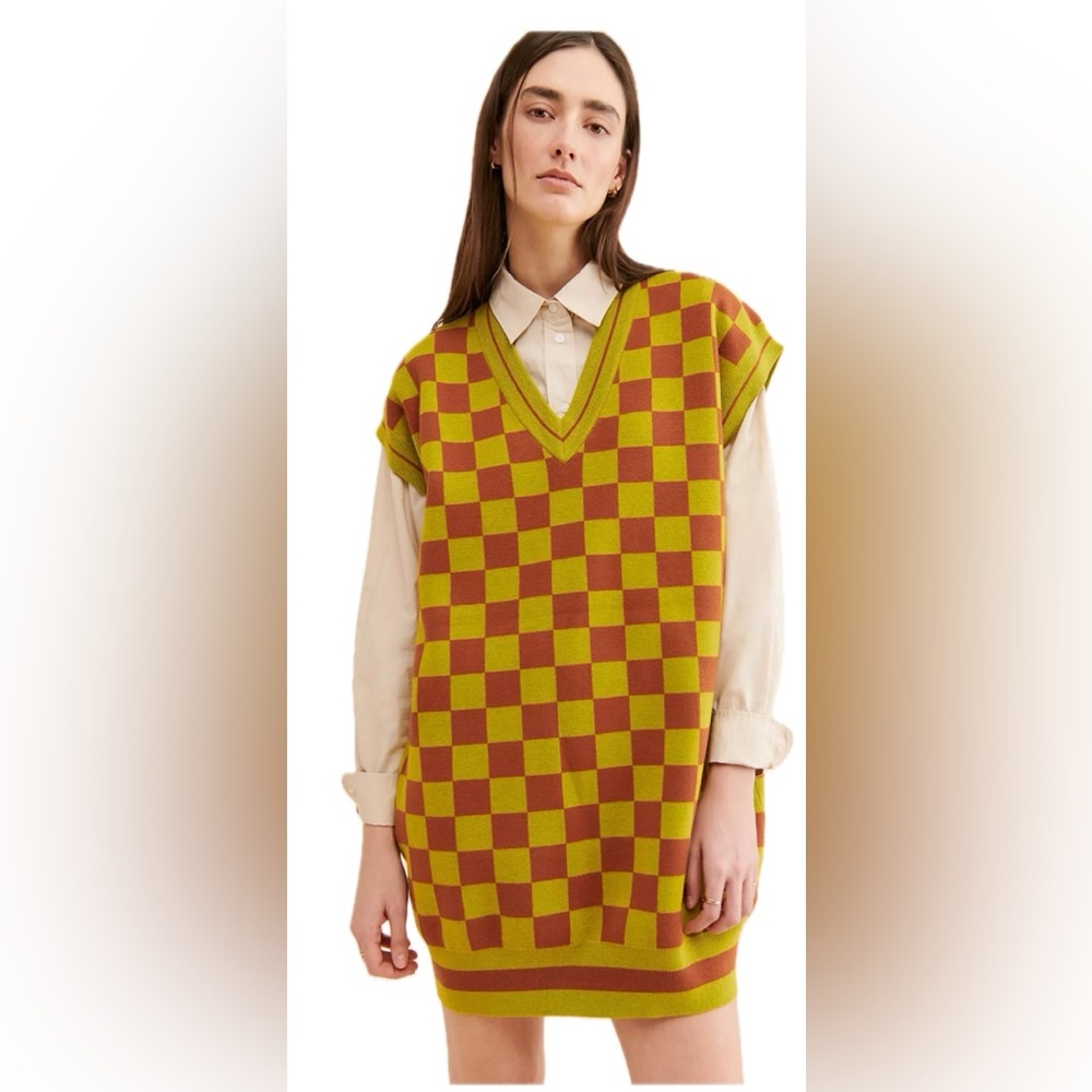 Saint Geraldine Green & Brown Checkerboard Sweater Vest Tunic/Dress, size XL